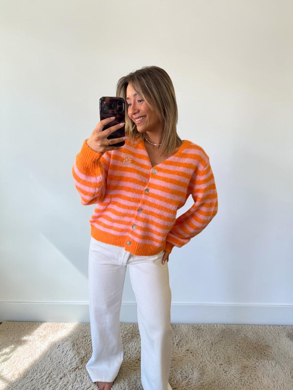 GILET RAYE ORANGE/ROSE GAELLE