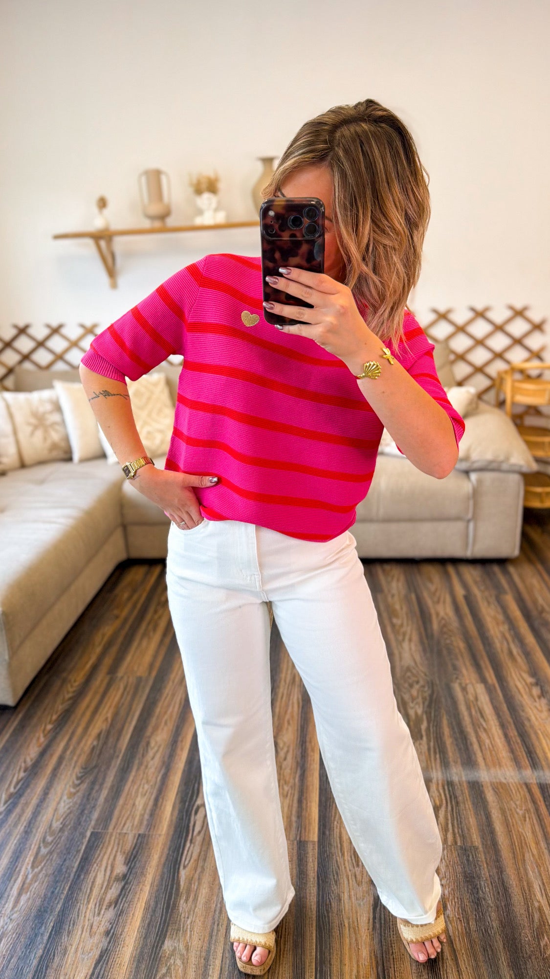 PULL MANCHE COURTE ROSE RAYÉ