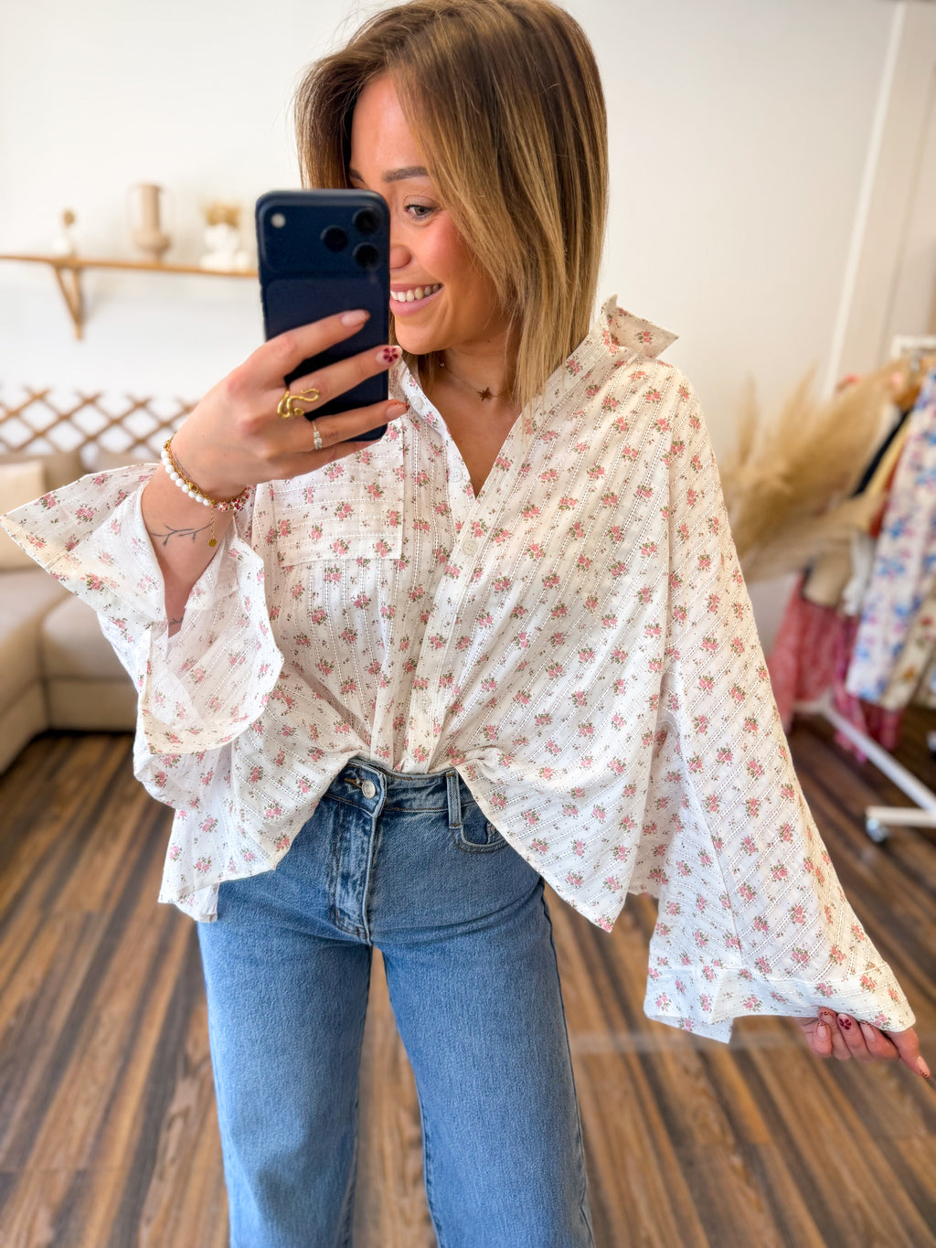 BLOUSE COTON RECYCLÉE FLEURS ROSE