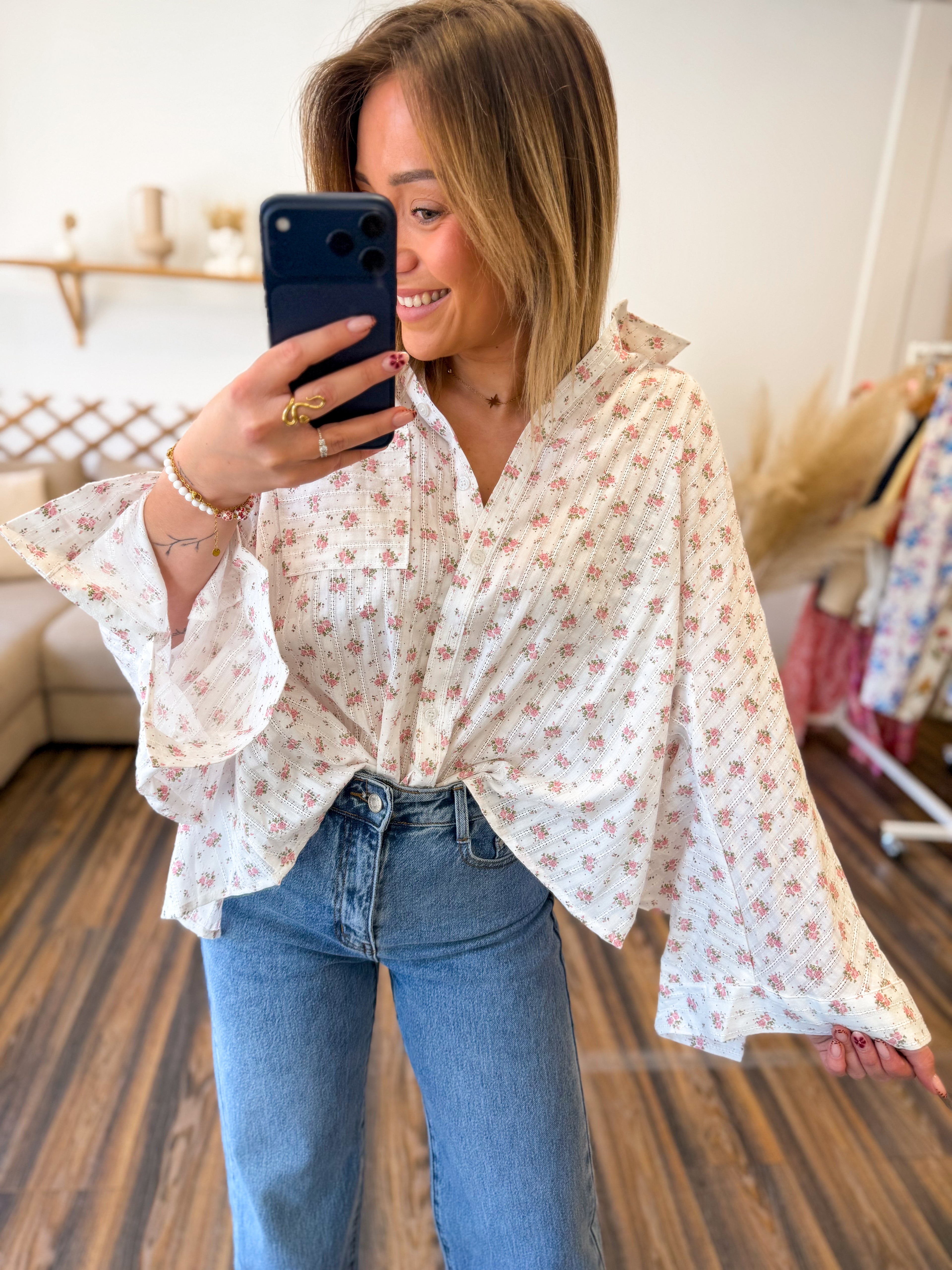 BLOUSE COTON RECYCLÉE FLEURS ROSE