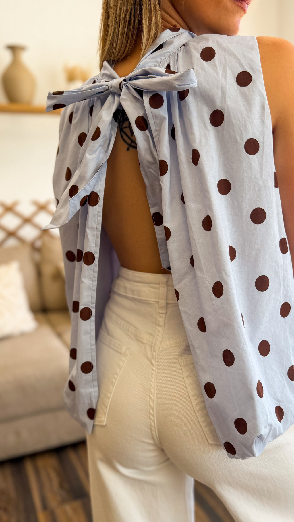 TOP A POIS BLEU ET MARRON