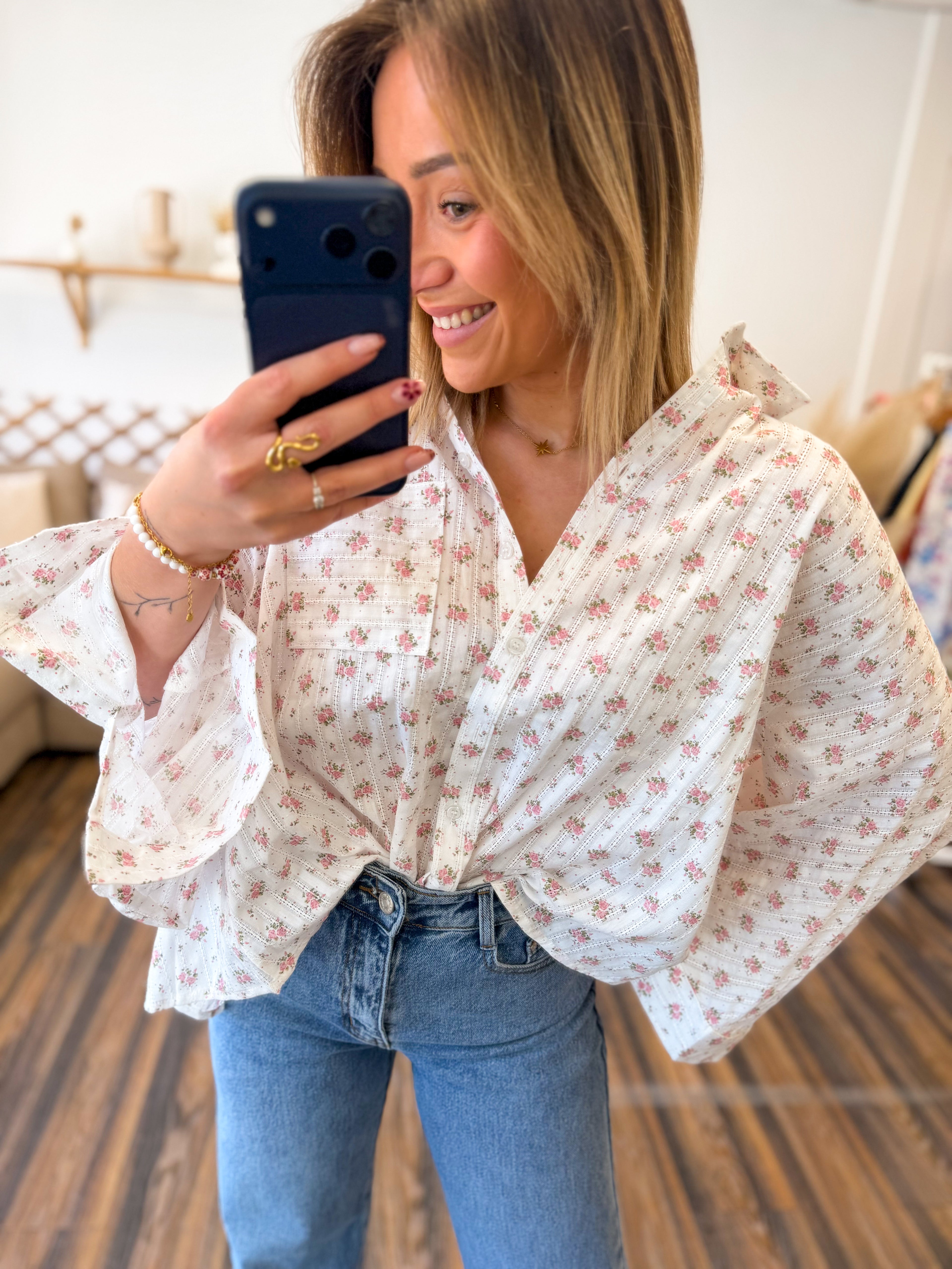 BLOUSE COTON RECYCLÉE FLEURS ROSE