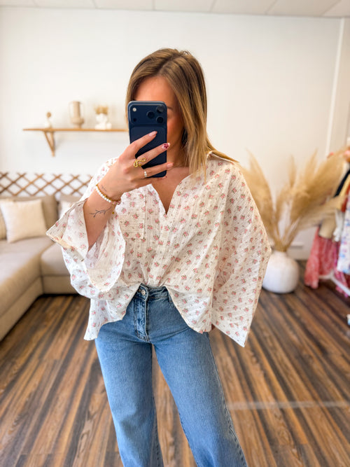 BLOUSE COTON RECYCLÉE FLEURS ROSE