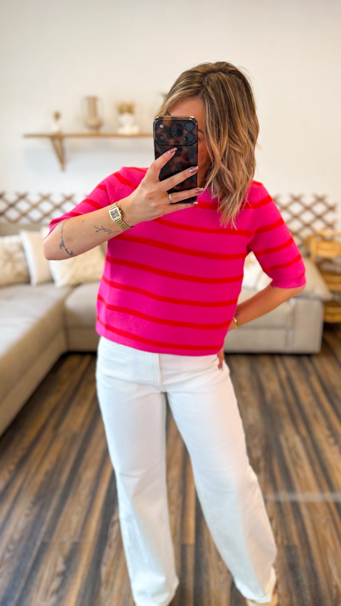 PULL MANCHE COURTE ROSE RAYÉ