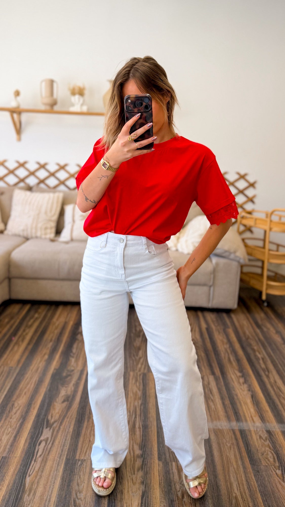 T-SHIRT ROUGE DENTELLE
