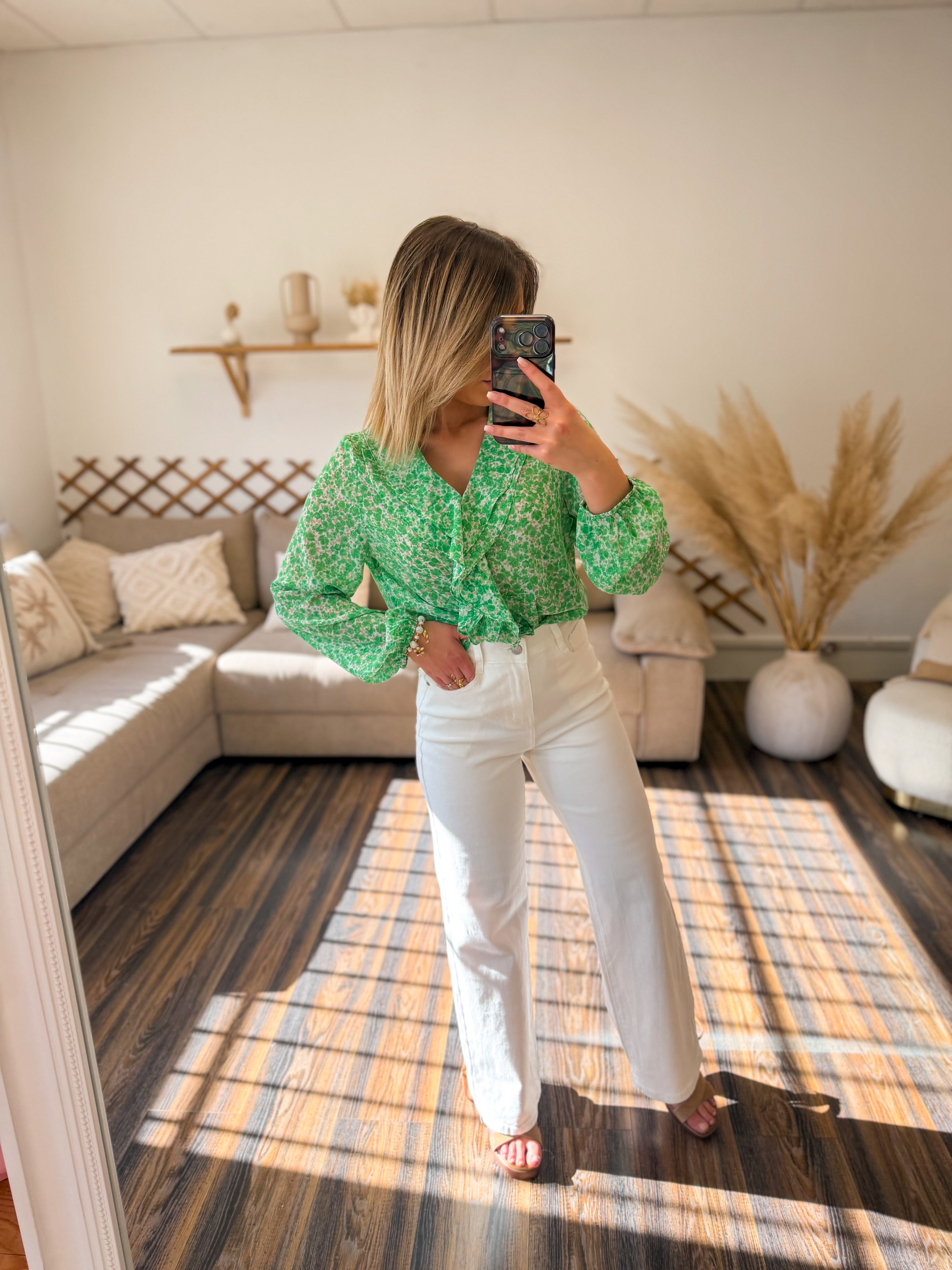 BLOUSE VERTE FLEURIE