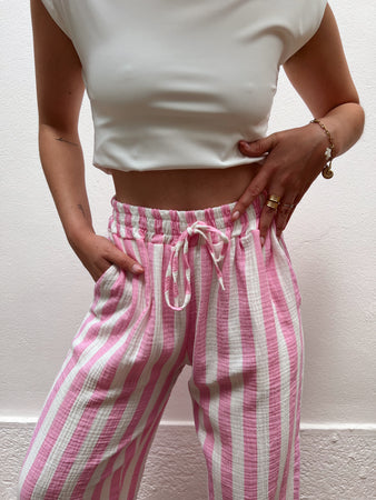 Pantalon GAZ DE COTON rayé rose